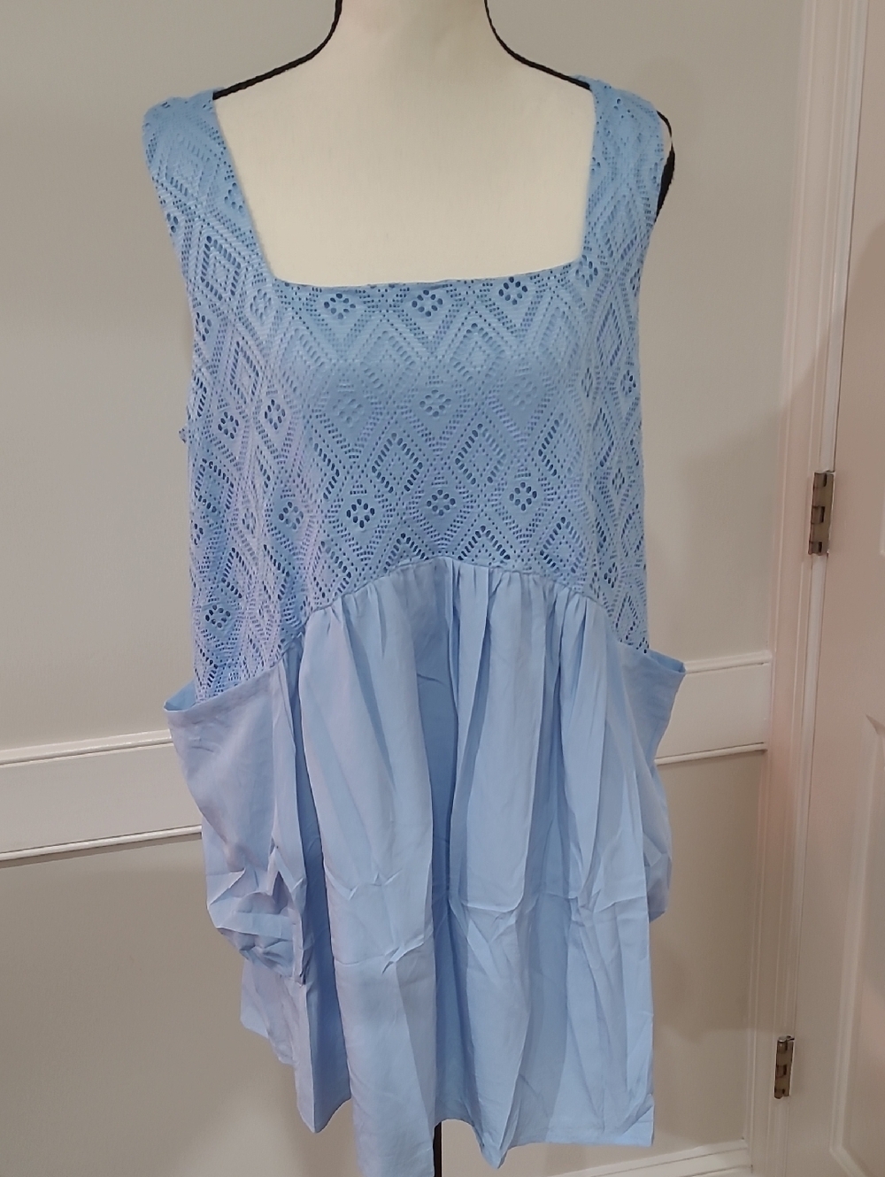 BeryLove Light Blue Sleeveless Mini Babydoll Square Neck Flowing Sundress